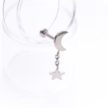 Detail View 1 of Implant Grade Titanium Crescent Moon with Star Dangle Internally Threaded Flat Back Stud Labret